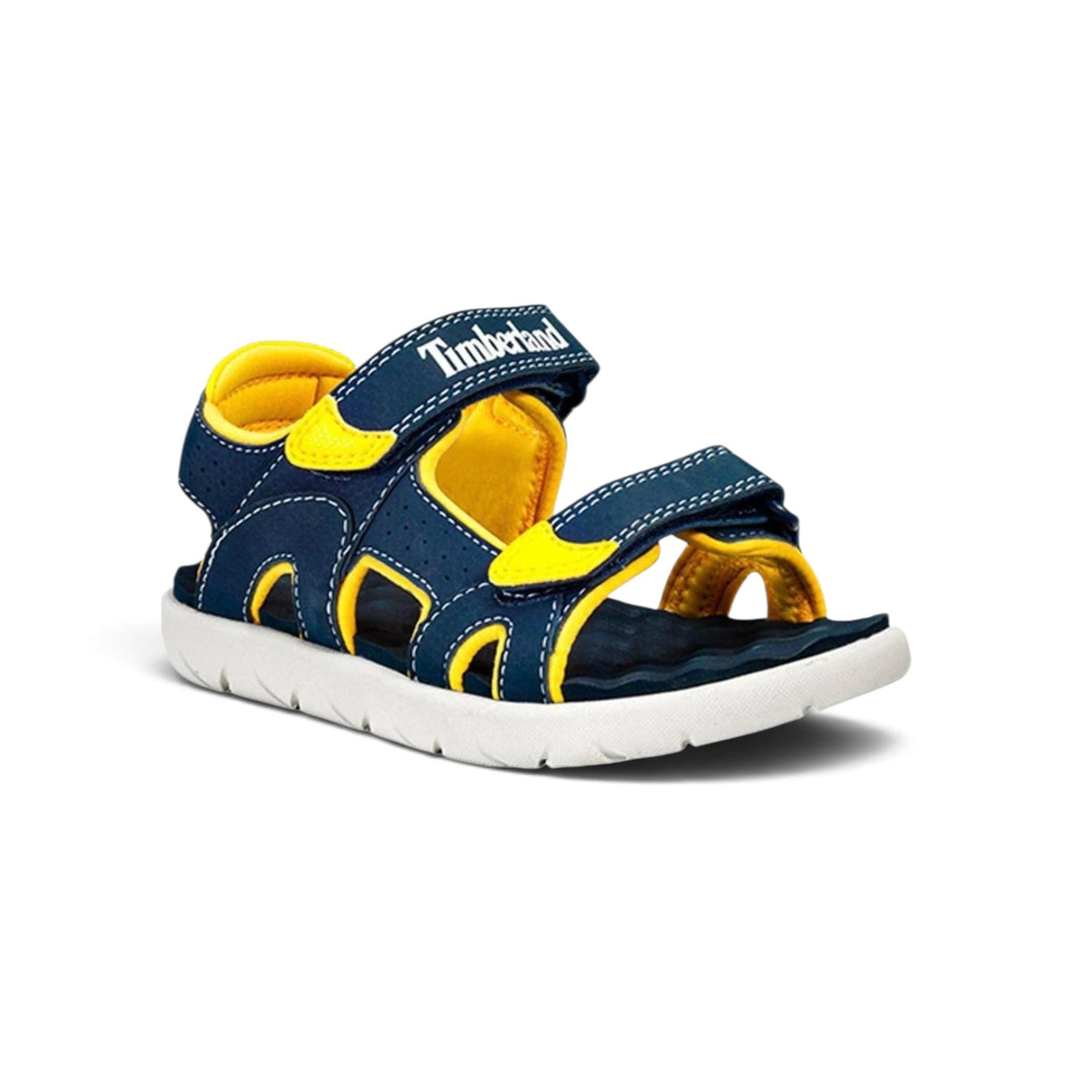 סנדלי Timberland לילדים כחולים עם רצועות צהובות וסוליה לבנה